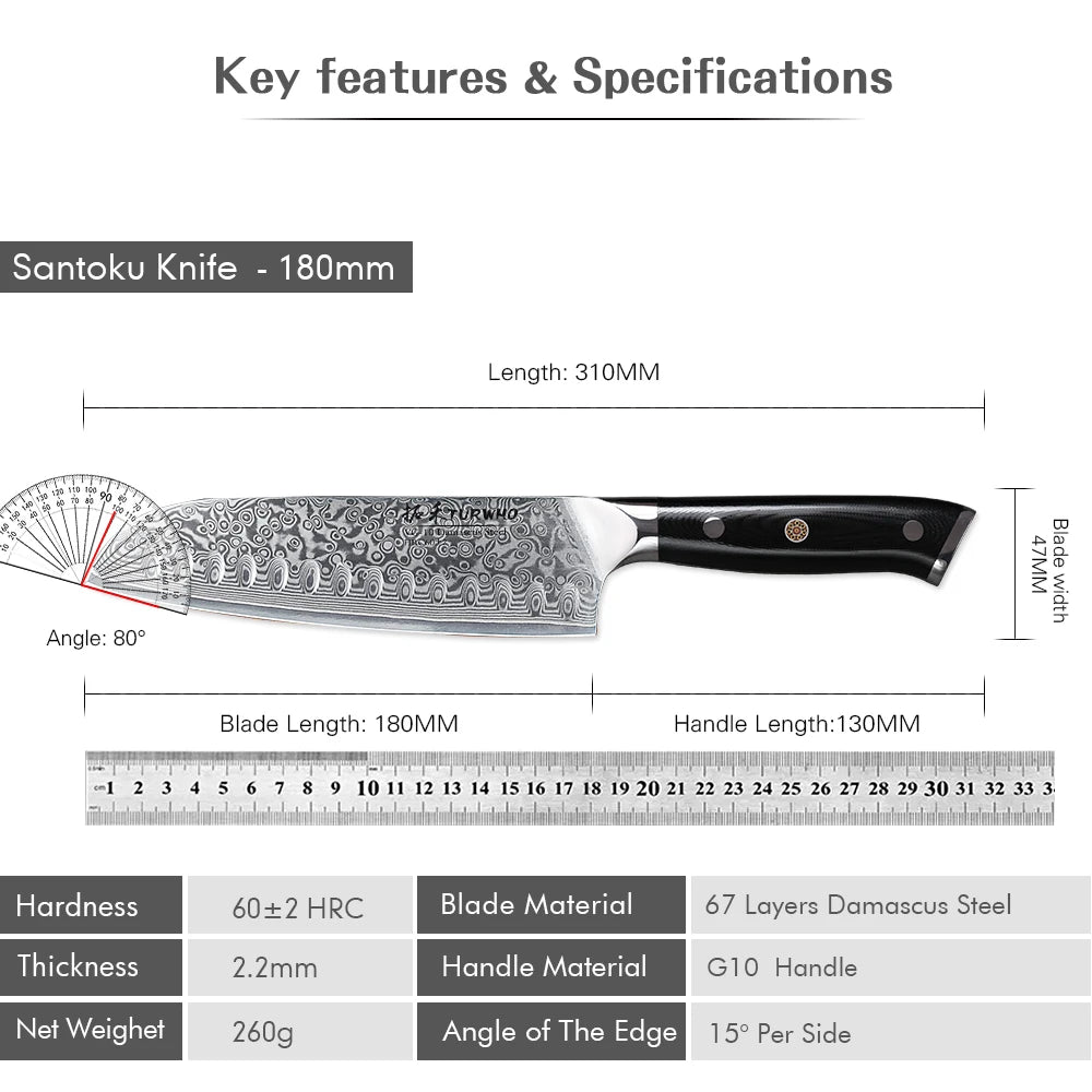 Japanisches Santoku Messer – Damaskus Stahl - Professionelle Schärfe